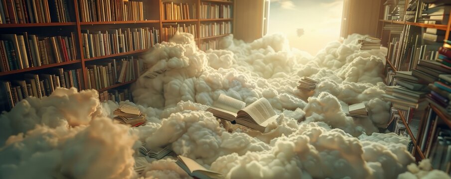 A magical library filled with thousands of books floating in the air amidst the clouds.