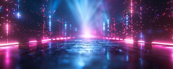 Fototapeta premium abstract neon light background, empty space scene, spotlight, dark night, virtual reality, cyber futuristic sci-fi background