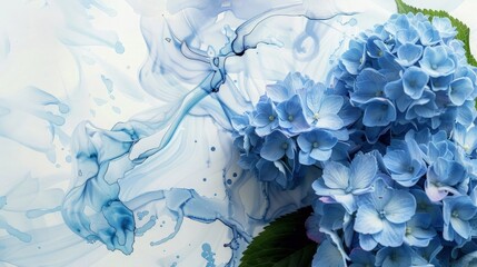 Creative image of pastel blue Hydrangea flowers on artistic ink background. Top view with copy space.
