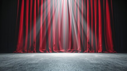 Theatrical stage with closed red curtains, spotlight creating a suspenseful mood, anticipation in the air, perfect for an upcoming performance