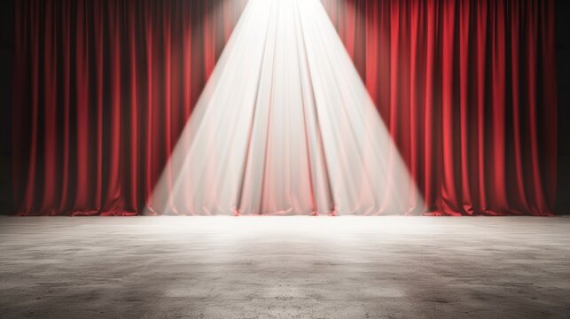 Theatrical stage with closed red curtains, spotlight creating a suspenseful mood, anticipation in the air, perfect for an upcoming performance