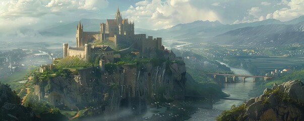 An ancient castle perched on a hilltop, its stone walls weathered by time and its history etched in its stones.