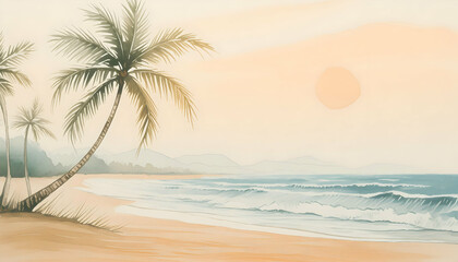 Obraz premium Vintage seascape and coconut tree on sand in the early evening on digital art concept, Generative AI.