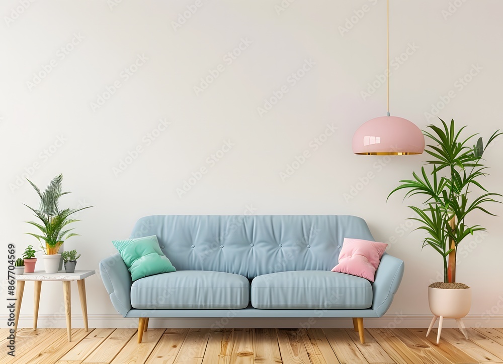 Canvas Prints living room with a light blue sofa, wooden floor and white wall background