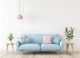 living room with a light blue sofa, wooden floor and white wall background