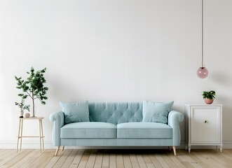 living room with a light blue sofa, wooden floor and white wall background