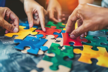 Hands of diverse multiracial people putting puzzle pieces together. Teamwork, partnership, collaboration problem-solving in a group setting, achieving goals strategy solution concept