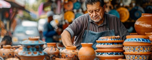 Obraz premium A street vendor selling handmade pottery from a colorful market stall, showcasing unique designs and glazes.