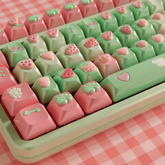 
A cute keyboard, with green and pink plaid keys and strawberry elements on the key wheels.In the style of anime aesthetic.