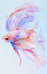 Fototapeta premium Beautiful colorful pastel colored, hyper-realistic betta fish swimming against blue background