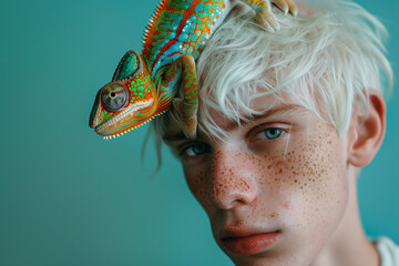 man with chameleon on her head.