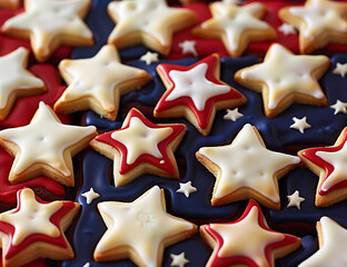 The American flag made of star-shaped cookies and cream, arranged to mimic the traditional flag design. Minimal creative food concept, flat lay."



