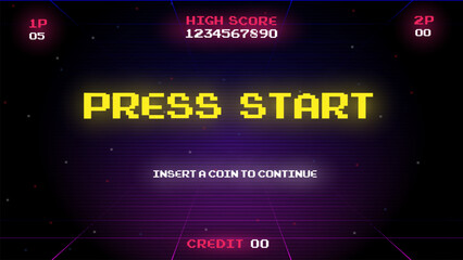 Retro game screen.PRESS START INSERT A COIN TO CONTINUE .8 bit game.vintage arcade comp.Retro Futurism Sci-Fi Background. Vector illustrations.