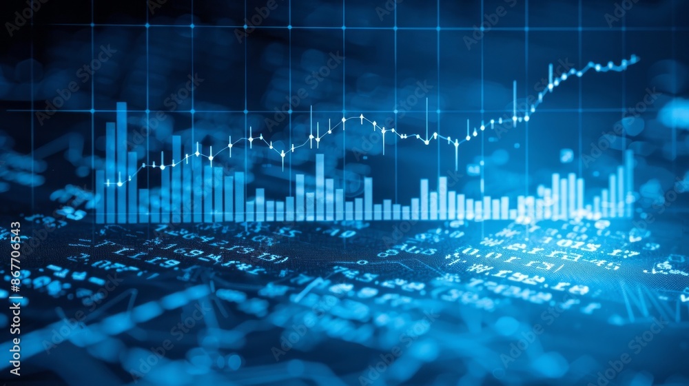Poster A blue-toned digital image depicting a financial chart with a line graph and bar graph overlaying a complex background of data and numbers, suggesting the dynamic nature of the stock market