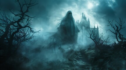 Fototapeta premium A ghostly figure hovers over a desolate landscape, shrouded in mist and darkness, with a looming castle in the background.