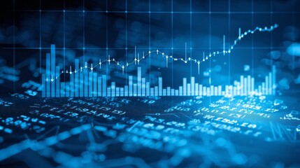 A blue-toned digital image depicting a financial chart with a line graph and bar graph overlaying a complex background of data and numbers, suggesting the dynamic nature of the stock market