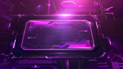 An abstract digital background featuring a glowing pink screen panel surrounded by intricate circuitry