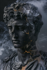 stone statue of roman emperor, smoke and fire in background, dark aesthetic.minimal creative vintage art concept.