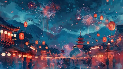 Fototapeta premium A vibrant night cityscape with glowing lanterns, fireworks, and a bustling crowd celebrating.