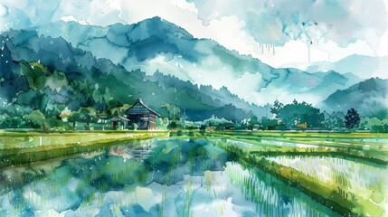 Fototapeta premium Watercolor painting of a serene landscape with misty mountains, a small house, and a reflecting rice paddy field.
