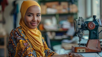 A portrait of a Muslim woman designer working in her startup. She is wearing a yellow headscarf and a colorful patterned shirt