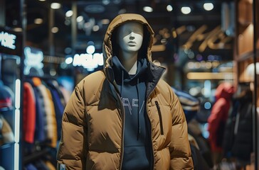 Obraz premium mannequin wearing an unisex tan down jacket with black hood
