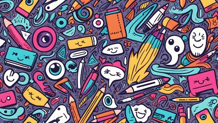 A colorful background with various objects such as pencils, pens, and scissors