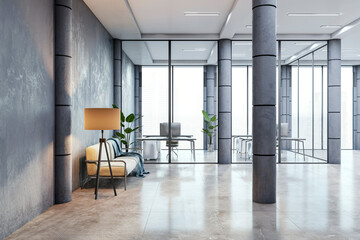 Modern office interior with empty desks, floor-to-ceiling windows, and a stylish seating area on grey backdrop, concept of a corporate workplace. 3D Rendering