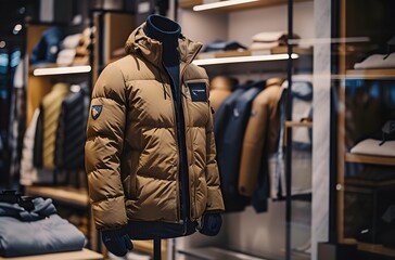 Fototapeta premium mannequin wearing an unisex tan down jacket with black hood