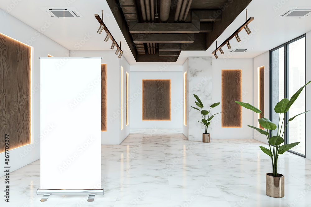 Poster an interior design concept featuring an empty roll-up banner in a modern gallery with light marble f