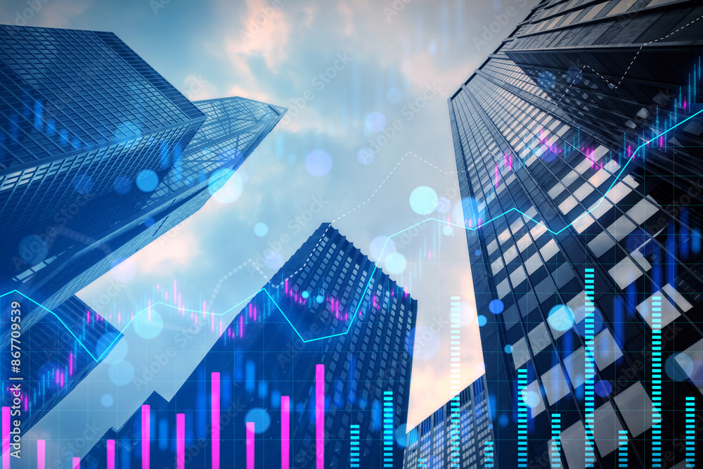 Poster skyscrapers with overlay of financial graphs, digital composite, set against a cloudy sky background