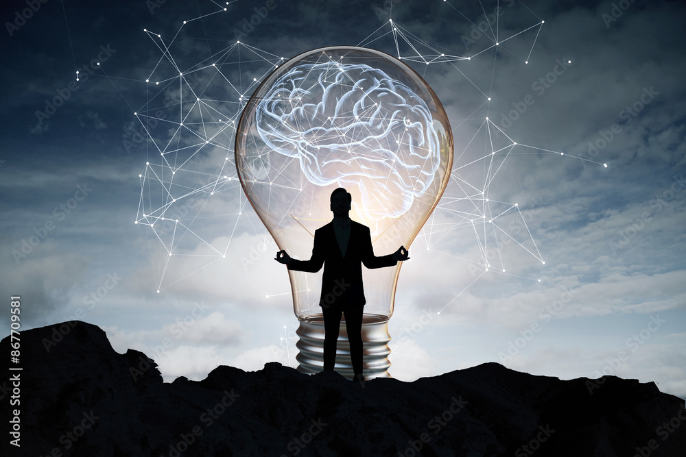 Poster silhouette of a person with a brain-shaped light bulb against a cloudy sky, symbolizing idea and inn