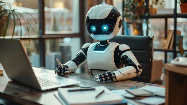 The Concept of using autonomous robots to replace office worker. robot is AI conducting interview with human at a desk