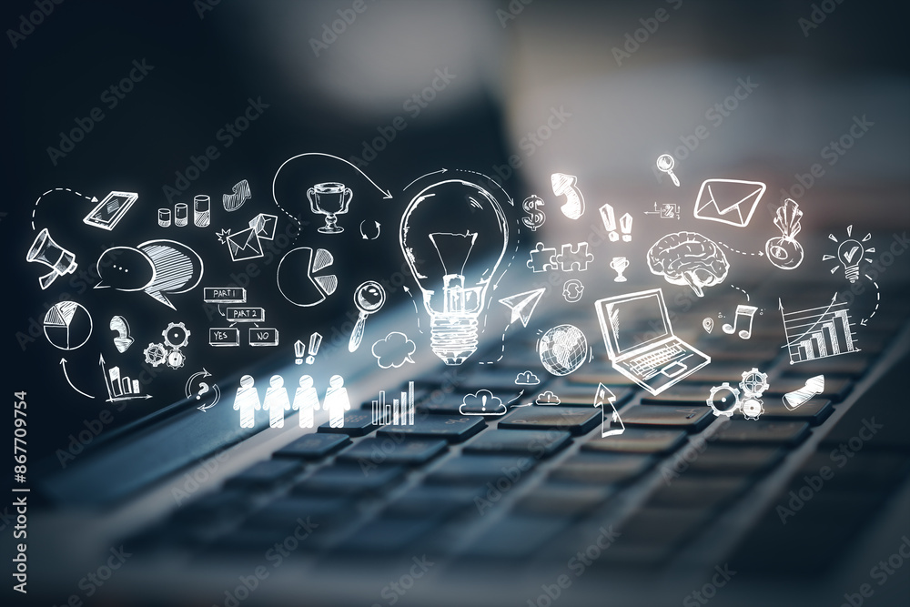 Poster Laptop keyboard with illuminated screen displaying a creative array of doodle-like drawings symbolizing ideas and concepts on a dark background