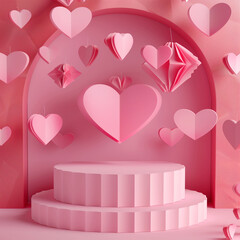 A pink podium features floating heart-shaped paper cutouts above a solid background, styled as origami hearts, perfect for a romantic relationship agency logo.