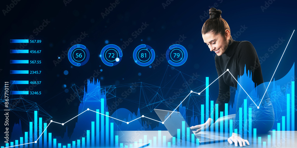 Poster a woman interacts with futuristic digital graphs and numbers on a dark blue technological background