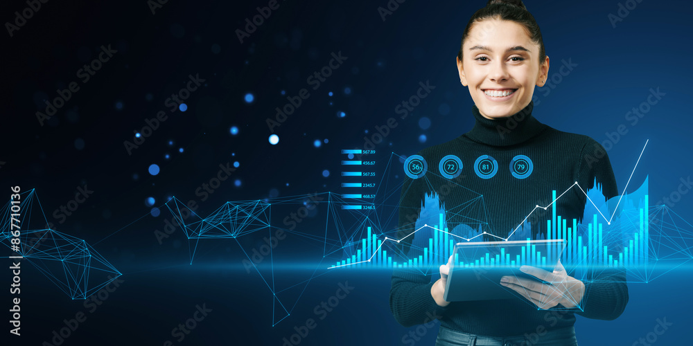 Poster a smiling woman interacts with futuristic digital graphs and interfaces on a dark blue background, s