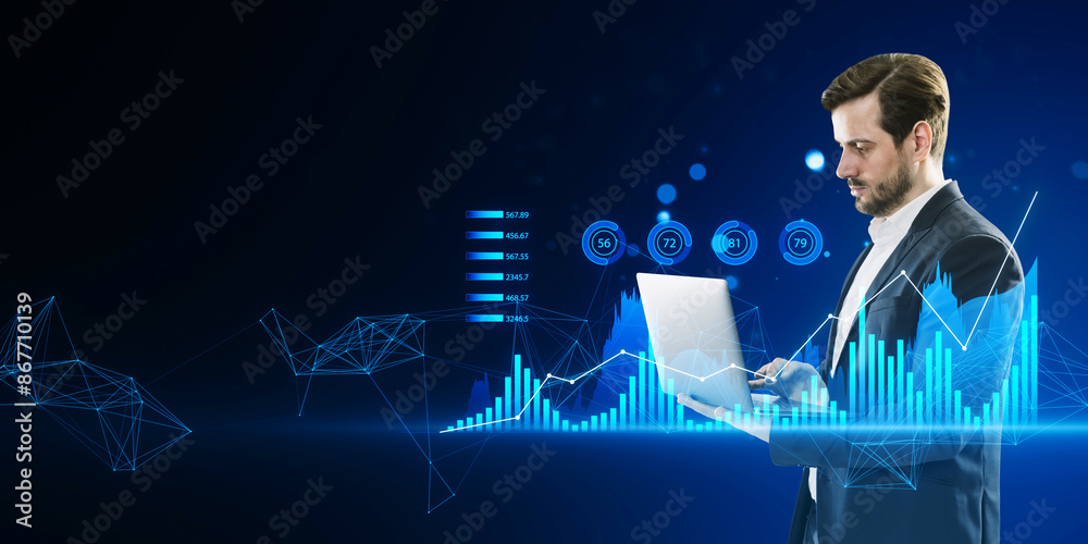 Poster A businessman analyzing data on a laptop with digital graphs and network connections on a dark blue background, symbolizing analytics