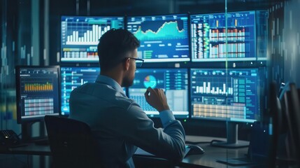 Professional analyzing data on multiple screens in a hightech office, data analysis, business intelligence