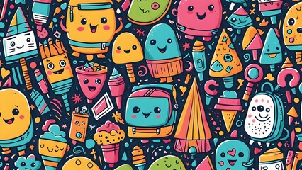 A colorful and whimsical image of various cartoon characters and objects