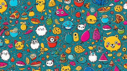 Fototapeta premium A colorful cartoonish pattern with a variety of food items and animals