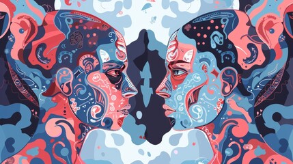 Twin avatars with elaborate geometric forms facing each other on a dynamic background.