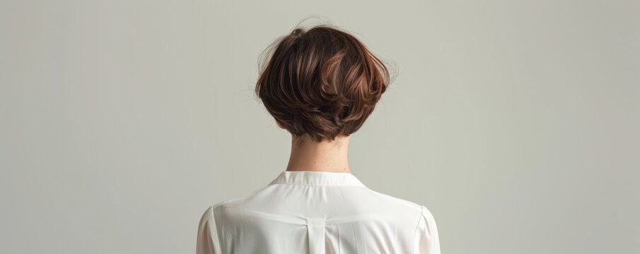 Woman with short hair in white shirt, studio shot, back view