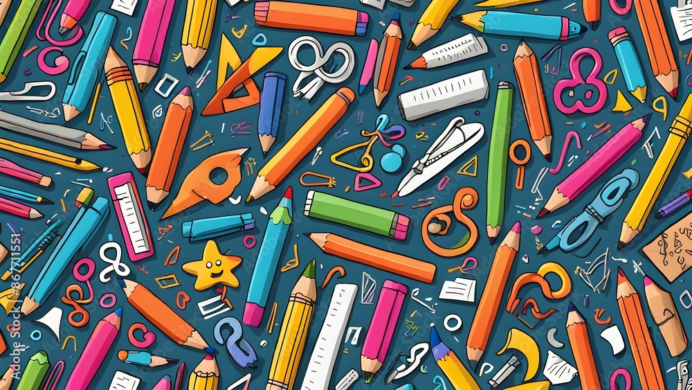 Wall mural a colorful drawing of pencils and other school supplies