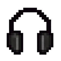 A pixelated image of black headphones on a transparent background. The headphones are designed in a classic 8-bit style with clear