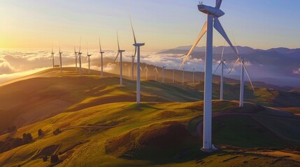 Wind turbines on a hilltop at sunset, with a clear sky and rolling green hills, depicting clean energy sources