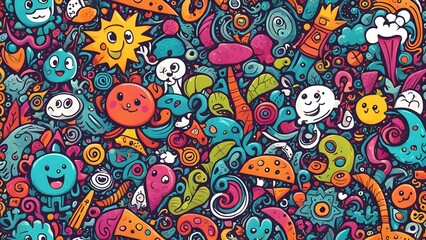 A colorful and whimsical background with various cartoon characters and objects