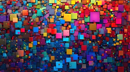 Fototapeta premium A vibrant and colorful pixel mosaic pattern, creating an abstract and dynamic visual effect with squares of various hues.