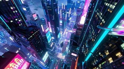 A futuristic cityscape filled with neon lights and towering buildings, creating a vibrant and energetic urban environment.