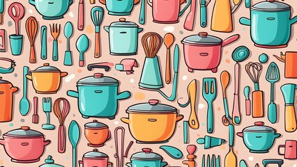 A colorful drawing of various kitchen utensils and pots